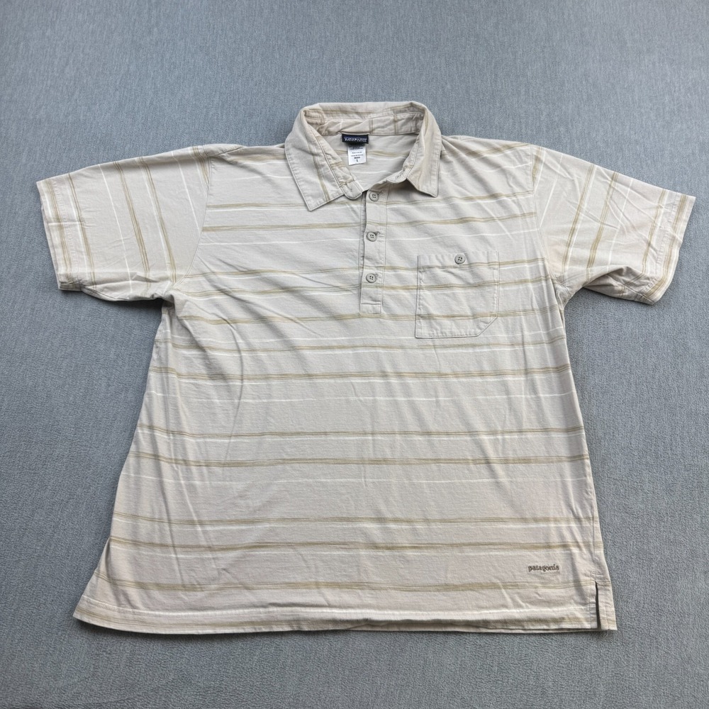 Patagonia Shirt Men Large Beige Striped Offhand Polo Organic Cotton Collar 52811